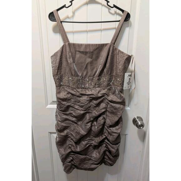 R&M Richards Embellished Ruched Dress Women's 14P Petite Champagne Bead Sequin - Picture 1 of 13